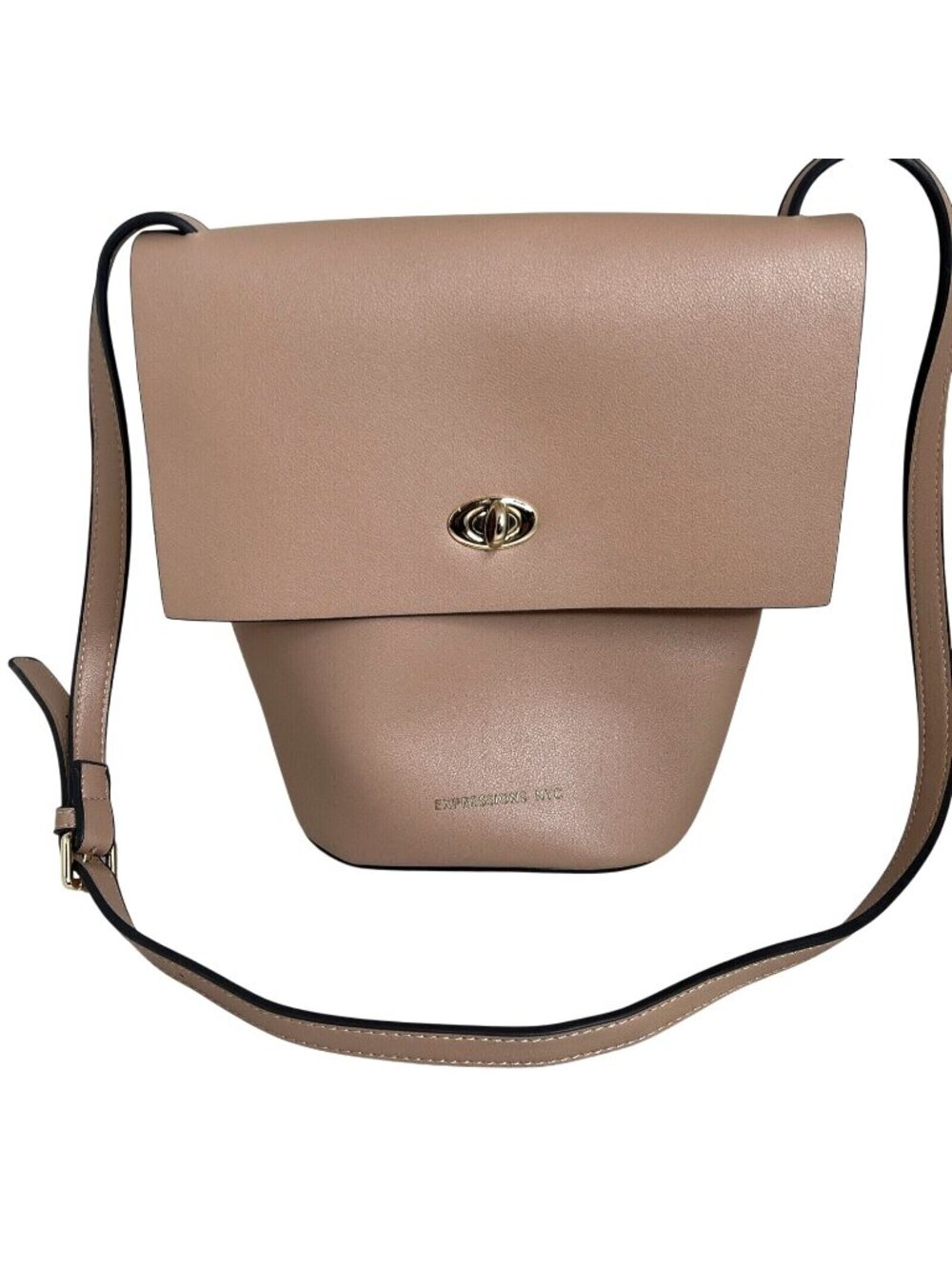Expressions NYC Beige Faux Leather Crossbody Bag Adjustable Strap Gold-Tone